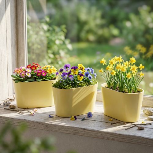 Artículo Cuenco para plantas ovalado amarillo decorativo de plástico 20×10×11cm 3 piezas