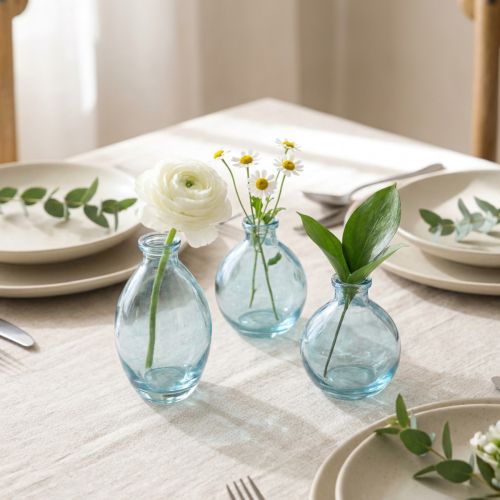 Artículo Mini jarrones bulbosos decorativos de cristal teñido de azul H12cm 6 uds
