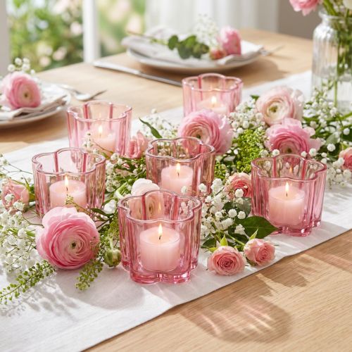 Portavelas con forma de flor, de cristal rosa, Ø7,5 cm, H6 cm, 6 unidades | Floristik24.es