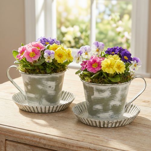 Taza decorativa de metal blanco lavado antiguo Ø9cm H8cm 2uds | Floristik24.es