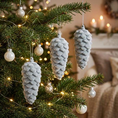 Piñas, flocadas en gris, 11,5 cm, 6 piezas, decoración | Floristik24.es