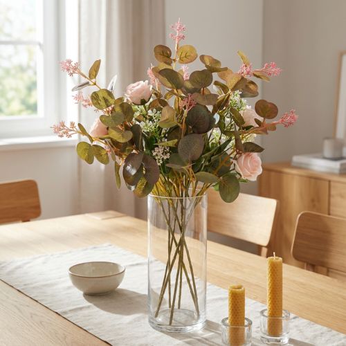 Artículo Ramas artificiales de eucalipto con flores rosas, 45 cm, 3 piezas