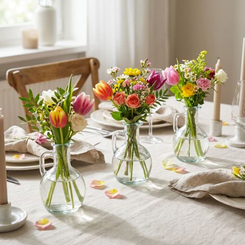 Artículo Mini jarrón/jarra de agua con asa para la mesa del comedor de casa, decorativo y funcional, 12cm, 6 piezas