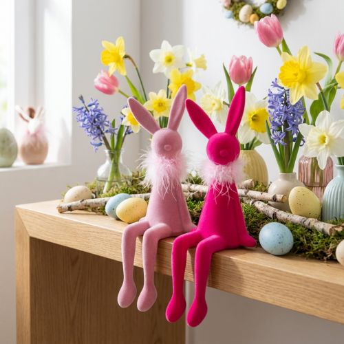 Figura de conejo de Pascua con boa de plumas, para colocar en estantería, figura decorativa de Pascua, 27 cm, 2 piezas | Floristik24.es