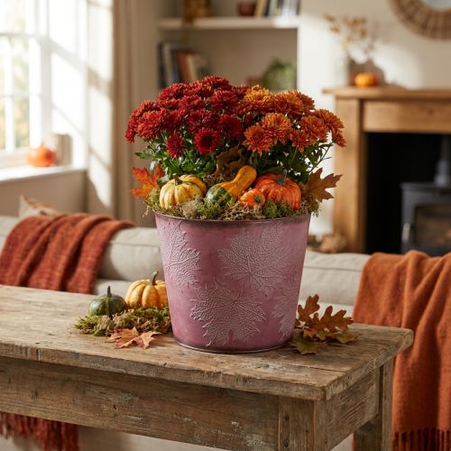 Maceta de otoño, cubo de plantas, decoración de metal con hojas rojo vino Ø25.5cm H22cm | Floristik24.es