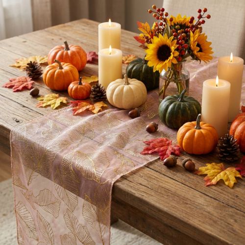 Camino de mesa camino de mesa de otoño decoración de hojas naranja dorado 48x450cm | Floristik24.es