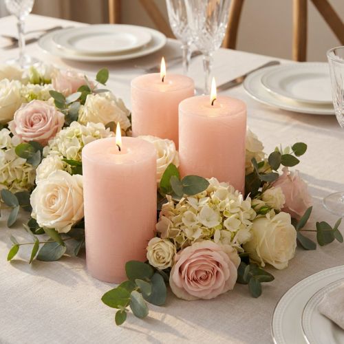 Velas de pilar rosas 70x120 mm - Juego de 4 Velas decorativas de color rosa claro para romance y comodidad, decoración de bodas | Floristik24.es