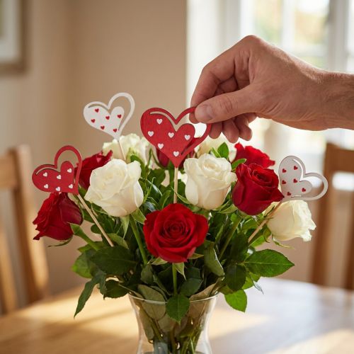 Tapón decorativo corazones rojo blanco decoración de madera 7,5×6,5cm 12 piezas | Floristik24.es