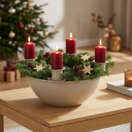 Portavelas con 4 soportes, corona de Adviento moderna, beige, 15 cm | Floristik24.es