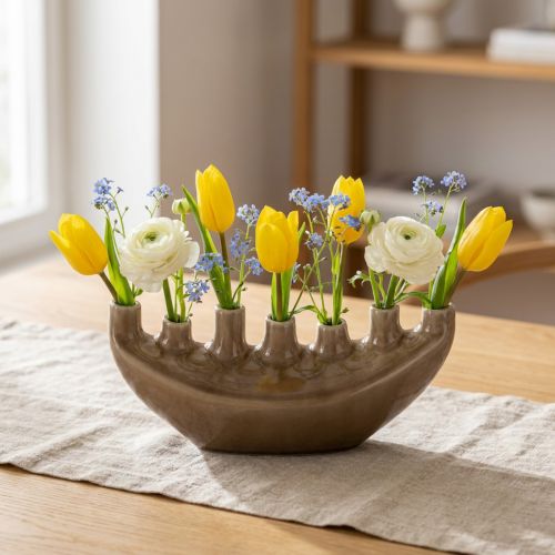 Jarrón decorativo de cerámica con forma de barco, color marrón, 23 x 8,5 cm, alto 11 cm | Floristik24.es