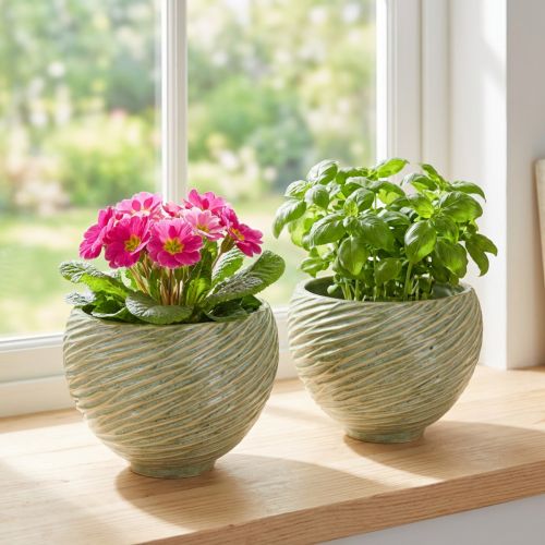 Artículo Macetero decorativo cuenco de cerámica en color verde Ø15cm H11cm 2uds