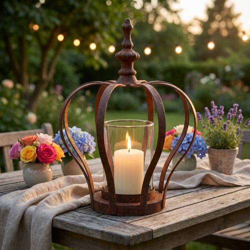 Farol Corona Marrón Óxido Con Vela Vidrio Ø14cm H18cm | Floristik24.es
