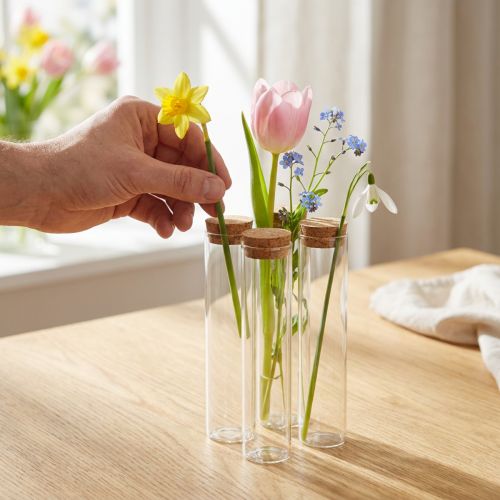 Jarrón decorativo tubo de ensayo con tapa de corcho Ø4cm H18cm 6 piezas | Floristik24.es