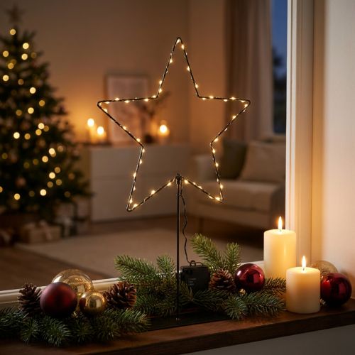 Estrella LED con compartimento para pilas y soporte para alféizar o mesa (46 cm). | Floristik24.es