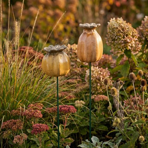 Artículo Estaca decorativa con forma de cápsula de semillas de amapola para un diseño de jardín elegante, parterre o balcón, 60 cm, 2 unidades