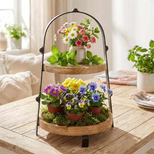 Soporte de servicio escalonado de madera y metal, color negro natural, 2 niveles, Ø25,5 cm, H38 cm. | Floristik24.es
