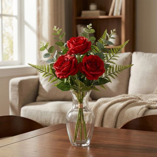 Rosas artificiales decorativas rojo brillante Ø4cm L45cm 3 uds | Floristik24.es