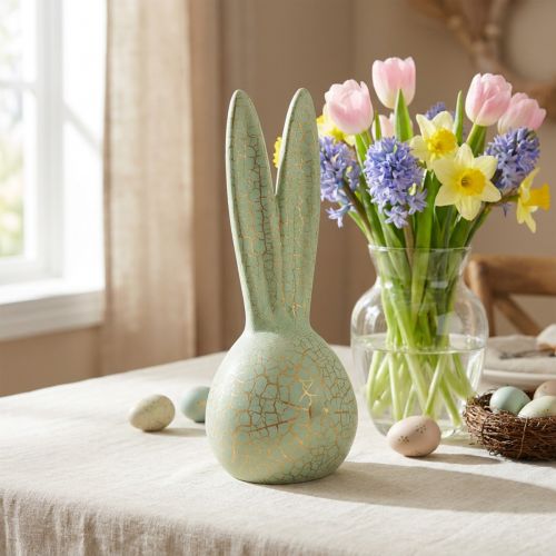 Cabeza de conejo Decoración de conejito de Pascua craquelado dorado verde menta Al. 28 cm | Floristik24.es