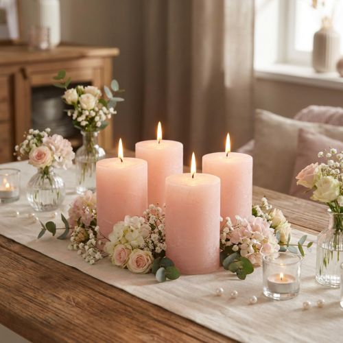Velas románticas de pilar de color rosa liso, rosa claro, 70×80 mm, juego de 4 - Velas decorativas para un ambiente acogedor | Floristik24.es
