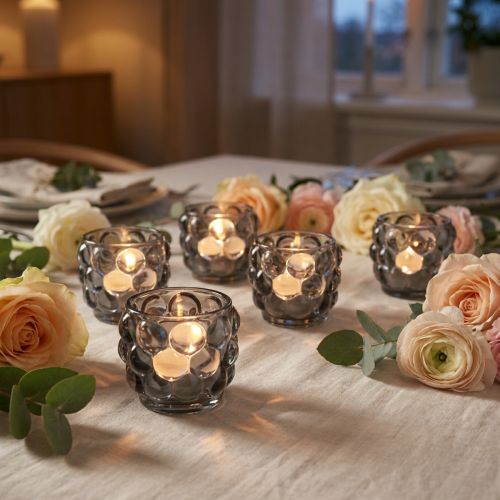 Portavelas de cristal para velas pequeñas, color gris, Ø7cm, H7cm, 6 unidades | Floristik24.es