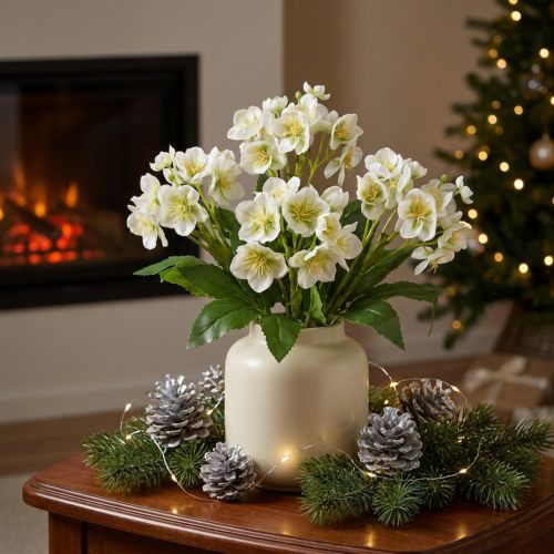 Rosas navideñas flores artificiales blancas en forma de ramo de 18 flores 60cm | Floristik24.es