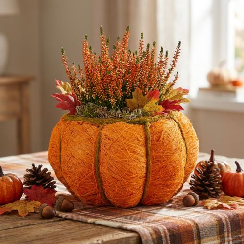 Maceta calabaza decorativa sisal naranja/amarillo-verde Ø21cm H12cm | Floristik24.es