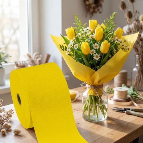 Flor crepé amarillo A10cm gramaje 128g/m² L250cm 2 piezas | Floristik24.es