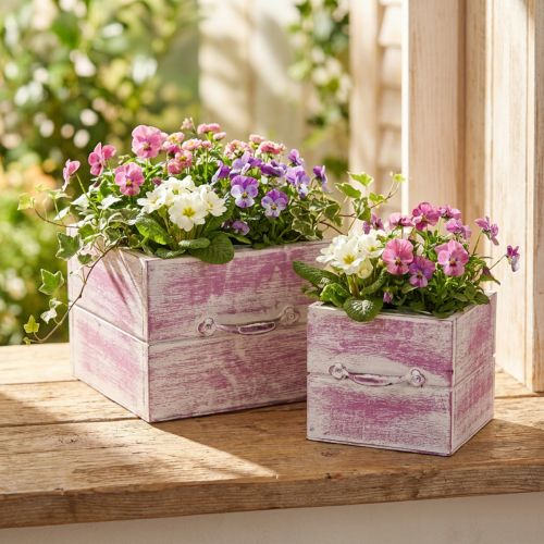 Artículo Cajón para plantas con tirador madera blanca rosa 12/15cm juego de 2