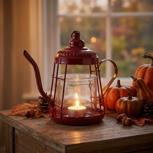 Portavelas farol de cristal tetera rojo Ø15cm H26cm | Floristik24.es