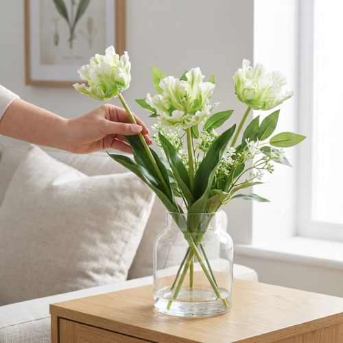 Flor artificial loro tulipán tulipán artificial verde blanco 69cm | Floristik24.es
