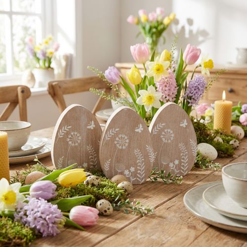 Decoración de mesa Huevo de Pascua decoración de madera soporte para huevos de madera 14,5 cm 3 piezas | Floristik24.es