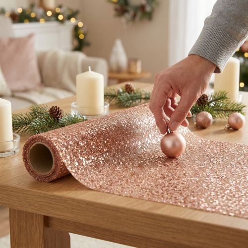 Camino de mesa Camino de mesa navideño dorado rosa 48×450cm | Floristik24.es
