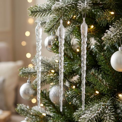 Carámbanos de decoración invernal para colgar plata transparente 28cm 3ud | Floristik24.es