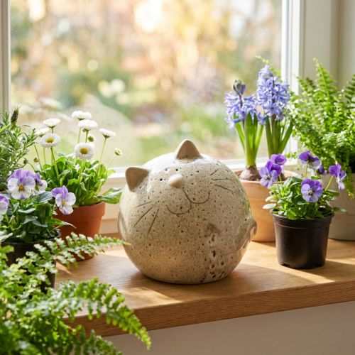 Artículo Figura decorativa de gato de cerámica, diseño redondo para sala de estar o dormitorio, 13 cm.
