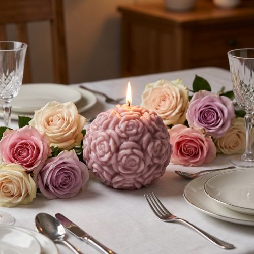 Vela esférica con motivo de rosa como decoración romántica de mesa. | Floristik24.es