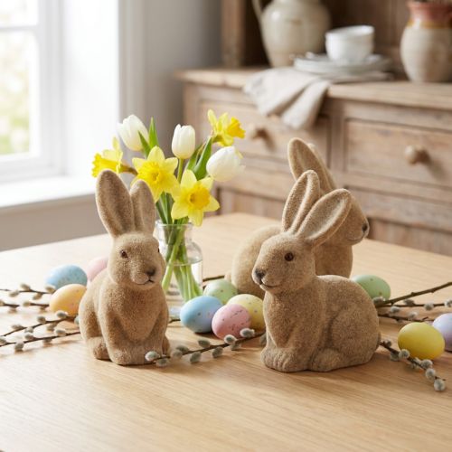 Conejos de Pascua decorativos sentados, color marrón (2.ª opción), flocados, 15 cm de alto, 4 unidades | Floristik24.es