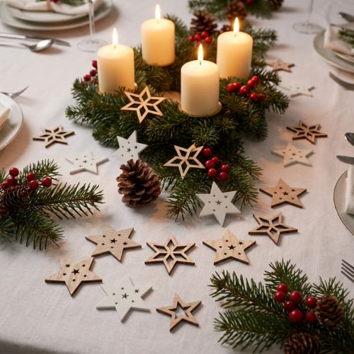 Decoración dispersa Estrellas navideñas de madera blanco/natural Ø4cm 72 piezas | Floristik24.es