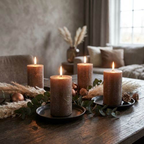 Velas de pilar modernas, juego de 4, en color marrón cobre metalizado, Ø70x100 mm - Velas elegantes de color liso para una decoración con estilo | Floristik24.es