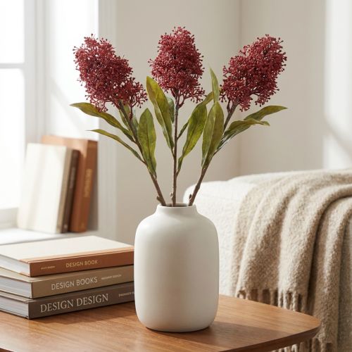 Flores artificiales Skimmie color burdeos, Skimmia Japonica, aspecto seco, 59 cm, 3 unidades. | Floristik24.es