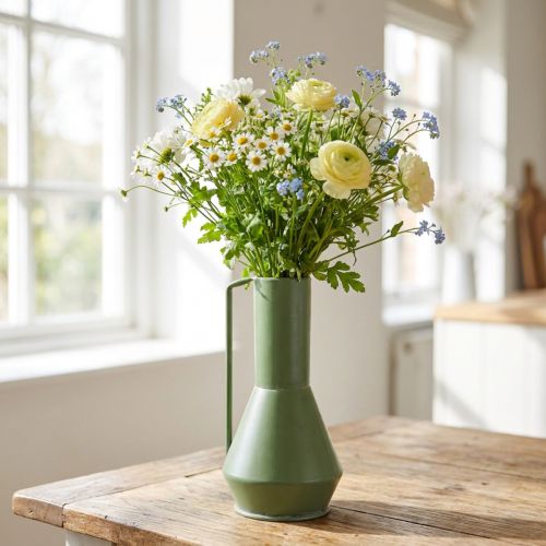 Jarrón decorativo de metal, verde, con asa; jarra decorativa vintage, 14 cm de alto, 28,5 cm de alto | Floristik24.es