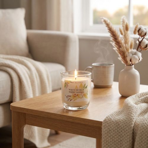 Vela perfumada en vaso, vainilla y almizcle blanco, 3h, H8.5cm | Floristik24.es