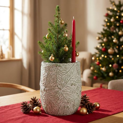 Jardinera cerámica verde blanco gris ramas pino Ø12cm H17.5cm | Floristik24.es