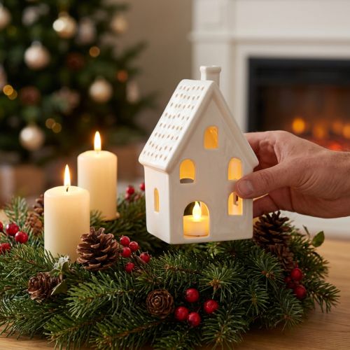 Artículo Farol de cerámica para mesa de Adviento, color blanco, altura 18 cm.