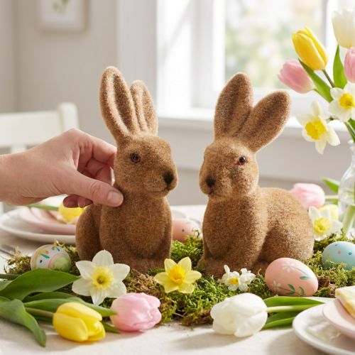 Conejito decorativo decoración de conejito de Pascua marrón flocado 15cm 4 piezas | Floristik24.es