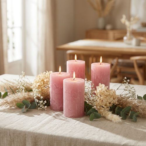 Juego de 4 velas de pilar rústicas, rosa antiguo, velas de calidad, teñidas en su totalidad, 80 x 110 mm, para una decoración elegante y un tiempo de combustión prolongado. | Floristik24.es