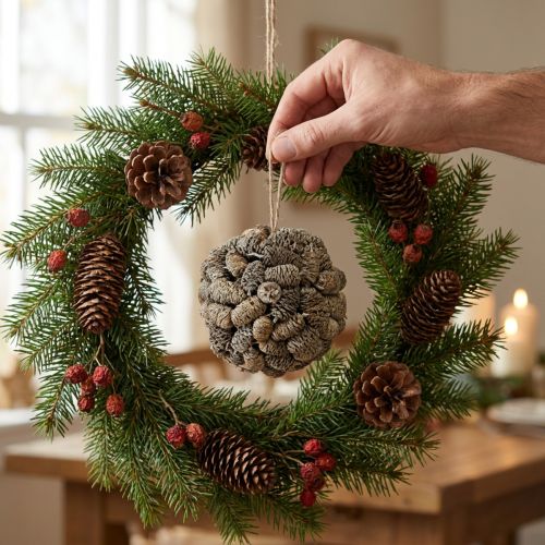 Artículo Bola cónica para colgar piñas de aliso blanqueadas 12cm