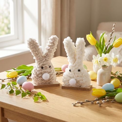 Conejito de Pascua decorativo de peluche: decoración de Pascua esponjosa en beige y blanco sobre base de madera H18cm 2 uds. | Floristik24.es