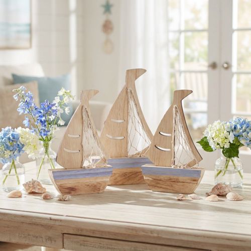 Soporte decorativo velero madera natural azul claro 25,5×16,5cm 3 piezas | Floristik24.es
