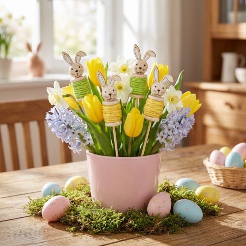 Tapones de flores de Pascua de madera Conejito de Pascua Verde Amarillo L32cm 8 piezas | Floristik24.es