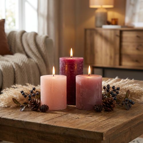 Artículo Juego de 12 velas de pilar, color sólido, combinación de colores bayas, velas decorativas para la decoración del hogar, 70 × 80 mm